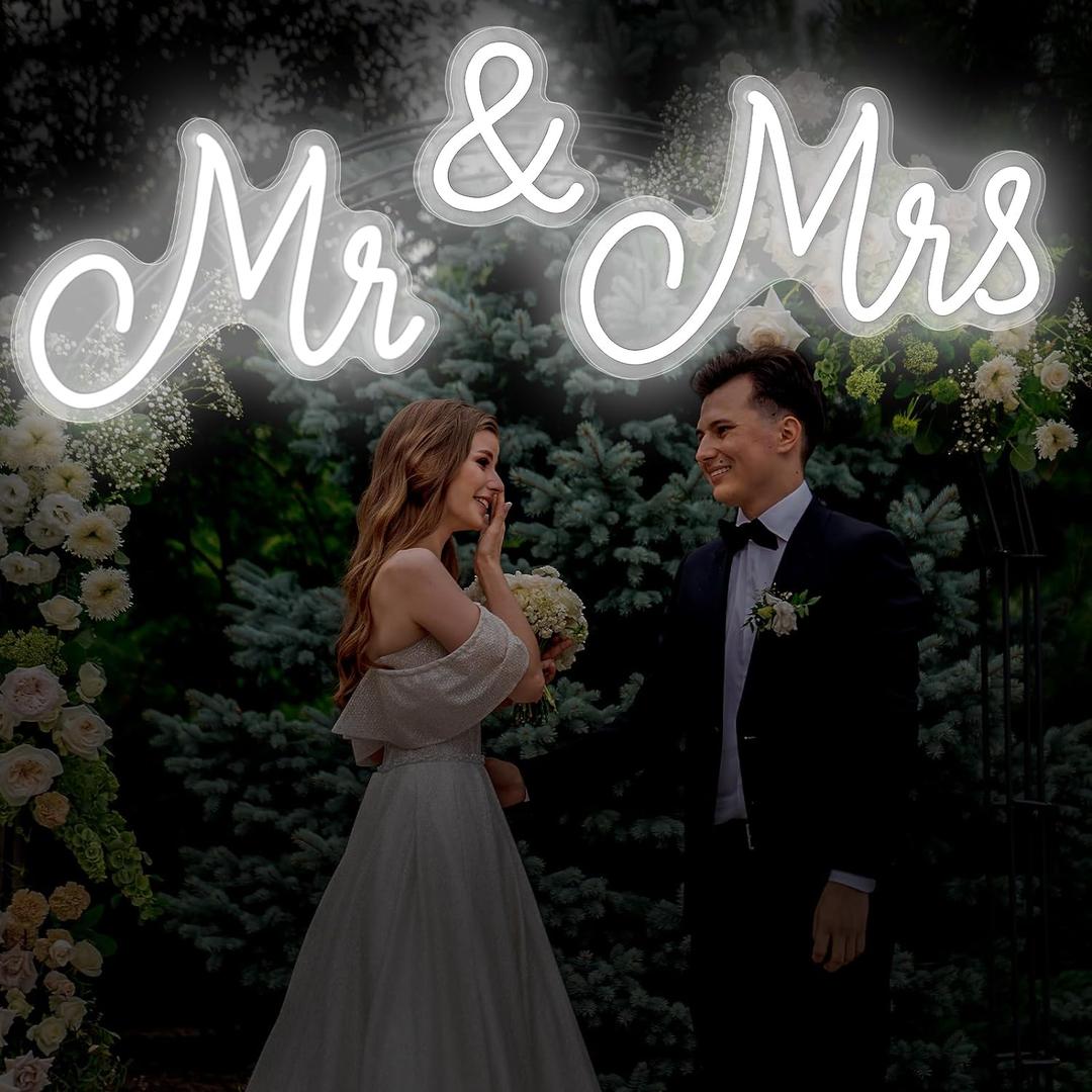 Mr and Mrs Neon Sign for Wedding Neon Light LED Backdrop Wall Decor USB Wedding Reception Decoration Gifts for Anniversary Engagement Banquet(36.81 x 10.24 Inch,Cold White) (36.81 x 10.24 Inch, Cold White)