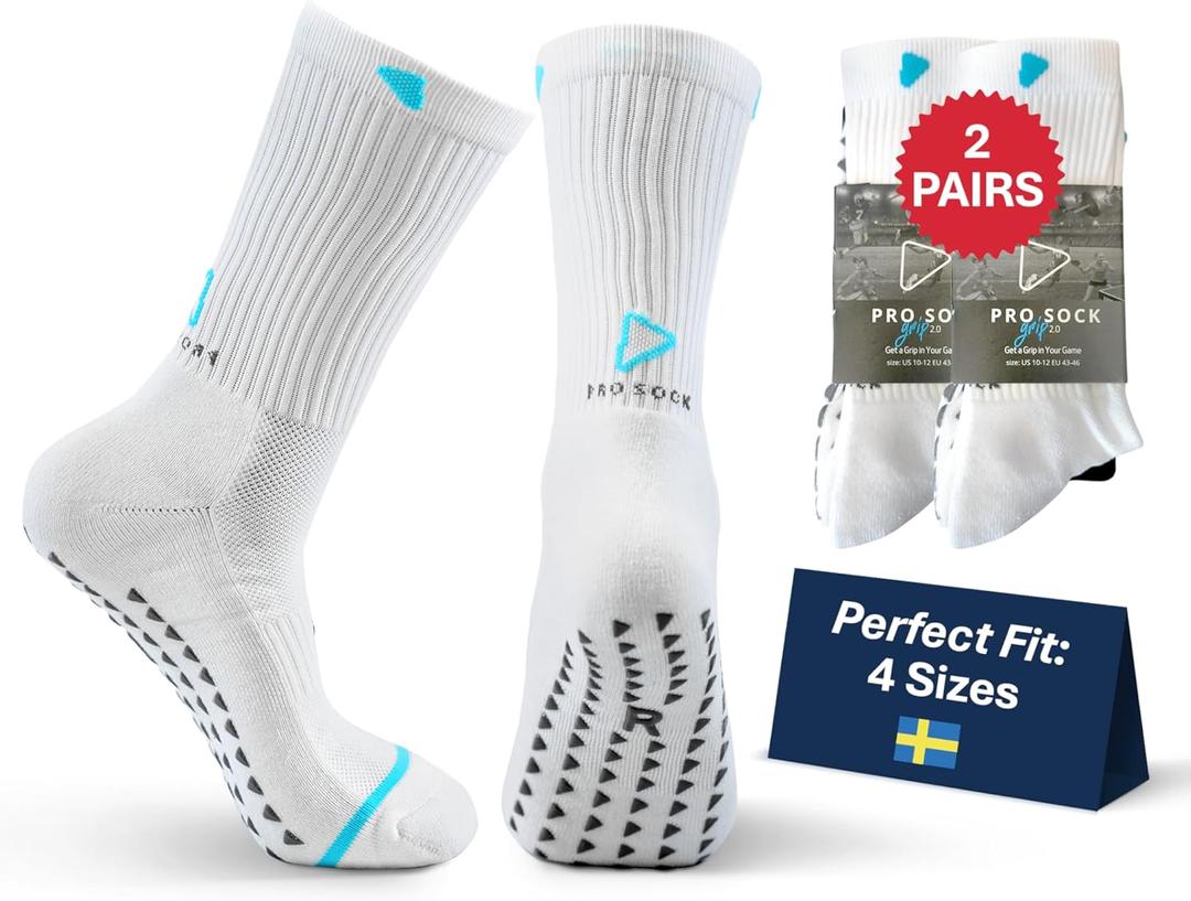 Premium Soccer Grip Socks Men, Women and Youth, 2 Pairs Non-Slip Grip Socks Soccer - in 4 Sizes for a Perfect Fit (10-12, White)
