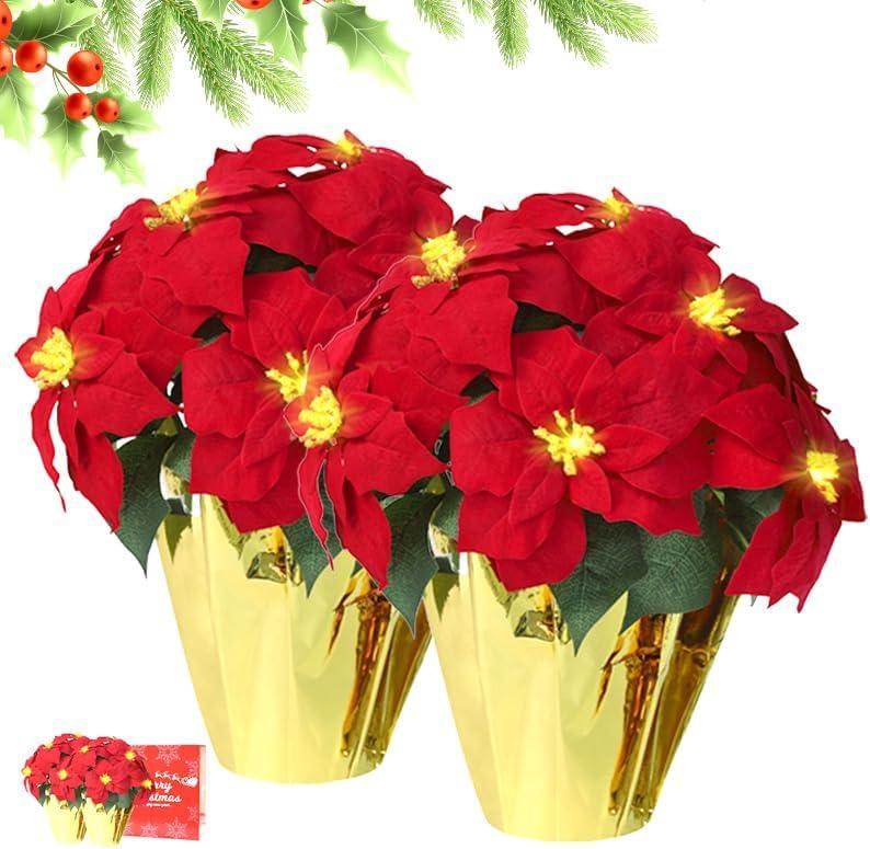 2 Pack Large Outdoor 18" Pre-Lit Christmas Decorations Flower LED Lighted Artificial Poinsettia Plants - Faux Poinsettia Flowers in Pot with Lights for Outdoor Use (Red,18inch)