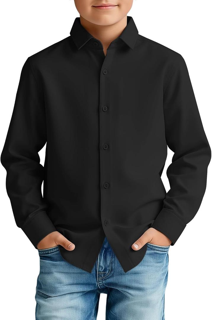 Boy's Long Sleeve Dress Shirt Kids Collared Button Down Shirt Casual Solid Button Up Uniform Top for 10-11 Years