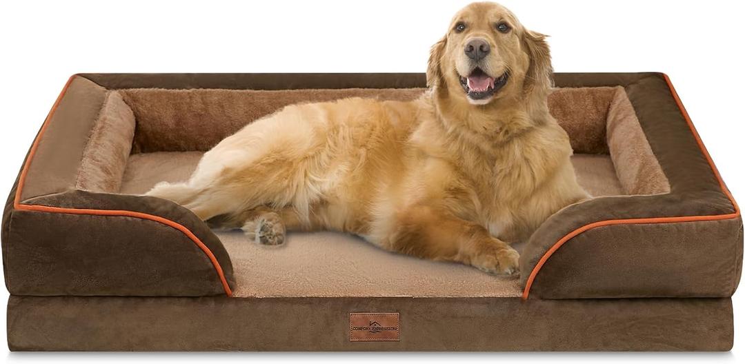 Comfort Expression Orthopedic Dog Bed for Extra Large Dogs 42x30 Inch, Waterproof Supportive Egg Crate Foam XL Pet Bed with Removable Bolsters, Dog Couch with Washable Cover & Non-Slip Bottom, Brown