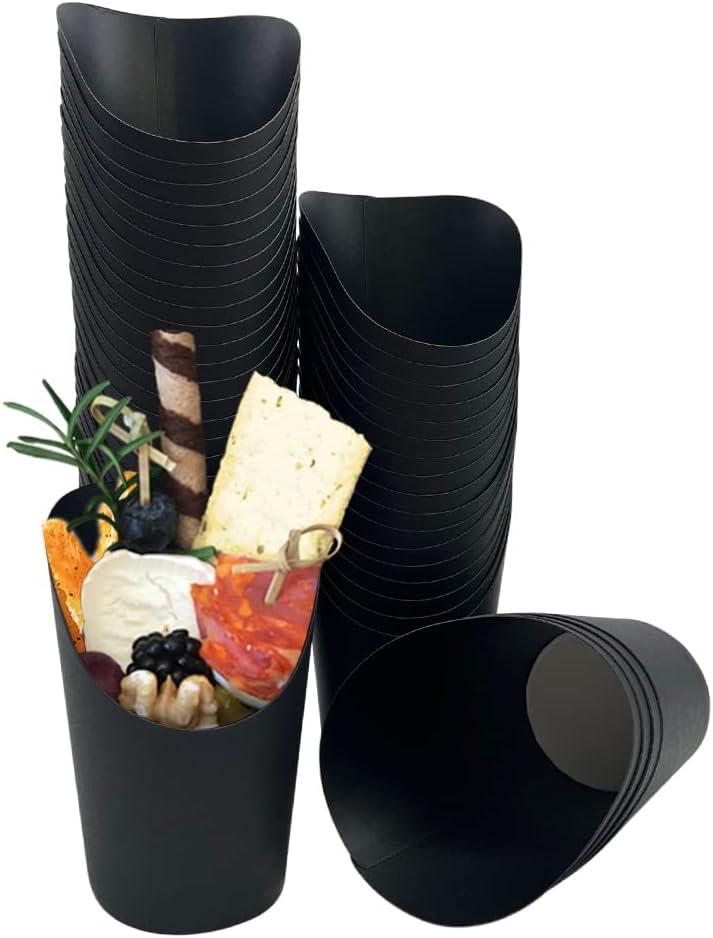 Kingzhuo 50 Pcs French Fry Holder 14oz Paper Charcuterie Cups Take-out Party Cups Disposable Cones Waffle Popcorn Boxes Wedding Food Trays Paper Cones (Black)