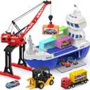 CUTE STONE 2-in-1 Toy Boat & Tower Crane Playset, Cargo Ship with Lights/Sounds | Push-Go Transport Ship & Construction Vehicle Toys, Interactive Carrier Boat for Kids Boys Girls