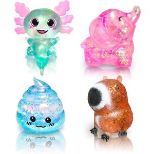 4 Pack Sugar Squishy Stress Ball Fidget Toys, Cute Elephant Capybara Axolotl Poop Squishy Toys Super Soft Sugar Balls Animals Squishies for Anxiety Relief Birthday Classroom Prizes