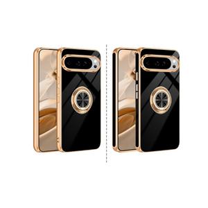 Dinick for Google Pixel 10/ Pixel 10 Pro Case with Ring Holder Kickstand, Soft TPU Gold Plated Cover, Anti-Scratch, Shockproof Protection, Slim, Magnetic Stand Case for Google Pixel 10/10 Pro, Black