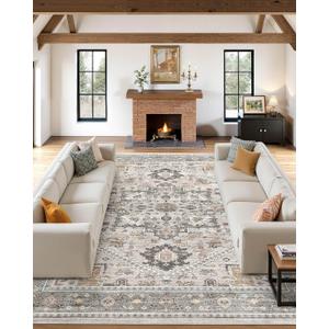 10x12 Vintage Area Rug: Washable Neutral Soft Non Slip Thin Large Floor Carpet for Living Room Bedroom Kitchen Dining Room Home Office Farmhouse Indoor - Taupe