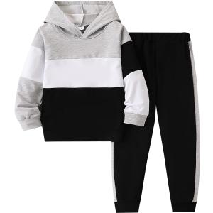 5-11Y Boys Clothes Long Sleeve Hooded Pullover Colorblock Sweatshirt + Pants 2pcs Fall Winter Outfit Set (9-10Y, Z : Grey)