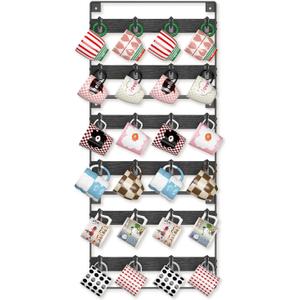 EsLuker.ly Mug Holder Hanger Rack Wall Mounted Wooden 3 Pack Coffee Cup Storage Organizer Display Shelf with 24 Movable Plastic Hooks, Ideal for Mug Collectors, Black
