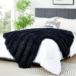 DREAMNINE Decorative Oversized 850GSM Fluffy Feather Faux Fur Throw Blanket 60" x 71", Soft Plush Long Shaggy Fuzzy Blankets, Double Sided Warm Elegant Furry Blanket for Valentine,Twin Size, Navy Blue