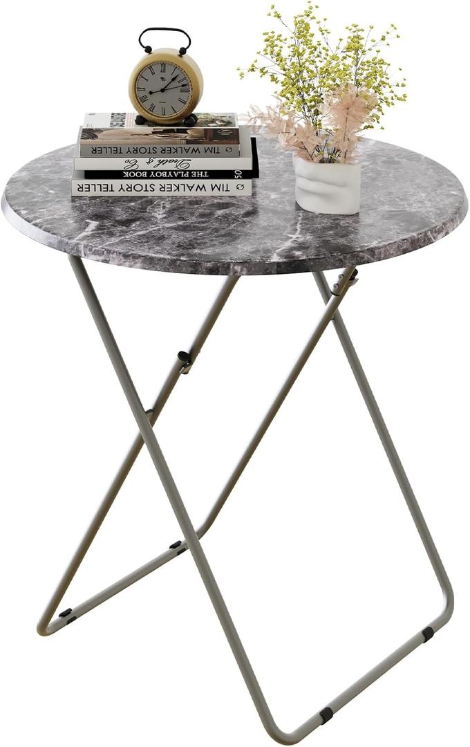 Round Folding TV Tray/TV Trays Dinner Snack Trays Table,Portable Foldable Table Small Sofa Bedside Tables with Light Weight, 17.5 x 17.5 x 26 in(Black Marble) (1pc)