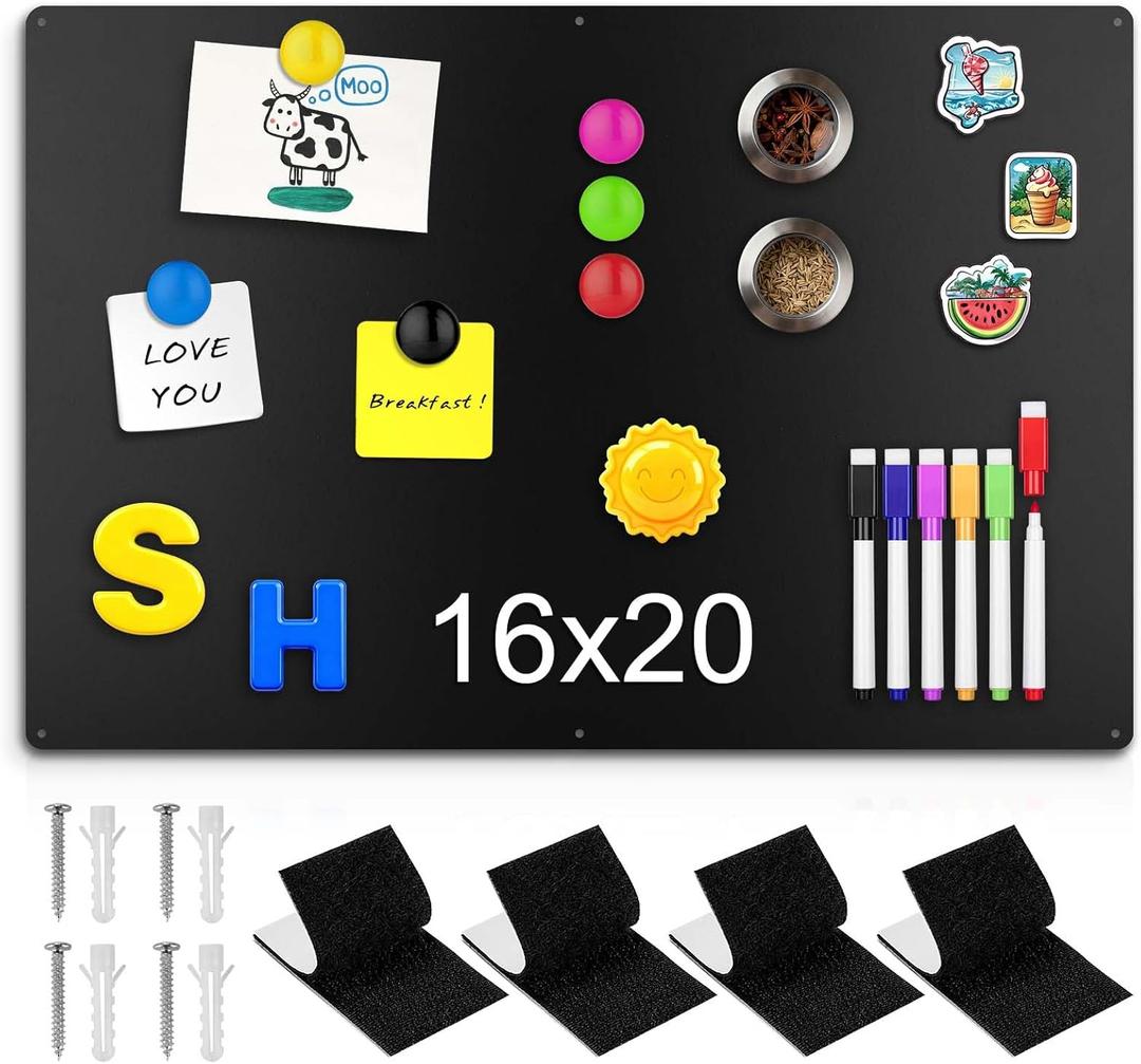 16" x 20" Magnetic Board, Black Magnet Bulletin Board to Display Magnetic Letters, Metal Board for Wall, Refrigerator Photo, with Dual Lock Tape and Screws, Marker Pen