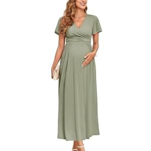 AISWI 2025 Women's Maternity Maxi Dress Ruffle Sleeve Wrap V Neck Pregnancy Dresses with Pockets Baby Shower Photoshoot Formal, Sage Green, Medium