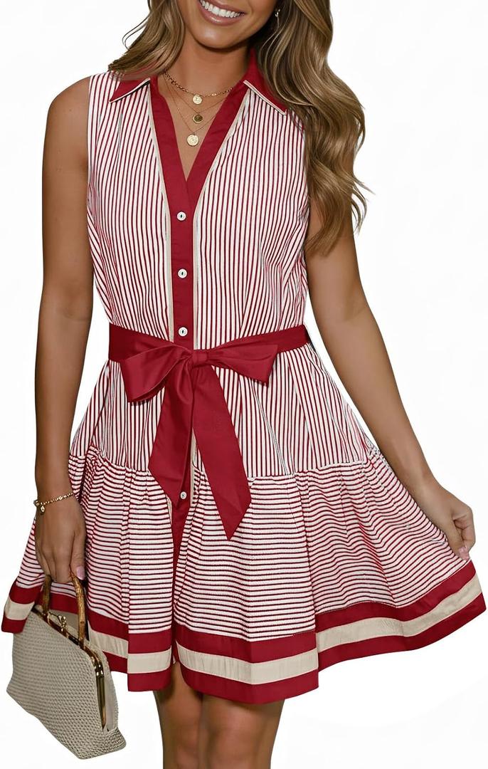 Wenrine Womens Summer Button Down Shirt Dresses Sleeveless Collared V Neck Striped Tie Waist Mini Dress with Pockets M