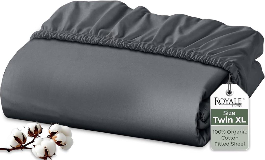Royale Linens 100% Organic Cotton Fitted Sheet - Percale Weave - Super Soft Deep Pocket Bottom Sheets - Grey Elastic Sheet Twin XL Size - Twin XL Fitted Sheets Only - (39"x80"+15", Grey)