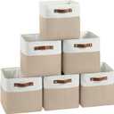 Cube Storage Baskets 6 Pack, 11x11 inch Cube Storage Bins with Leather Handles for Shelf Closet (White/ Khaki)