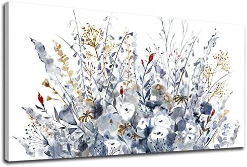 Flowers Canvas Wall Art for Living Room Wall Decor Indigo Floral Canvas Painting Watercolor Plants Pictures Vintage Botanical Flower Canvas Artwork for Bedroom Office Home Wall Decorations 20" X 40"