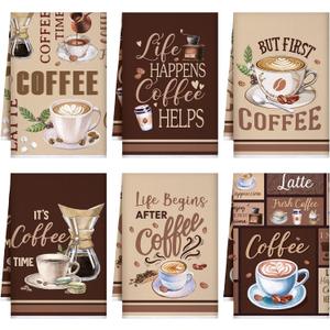 Bencailor 6 Pcs Coffee Kitchen Towels Decorative Sets Dish Towels Absorbent Fast Drying Hand Tea Vintage Hanging Reusable Cleaning Dishcloths for Cooking Farmhouse Bathroom Accessory (Dark Brown)