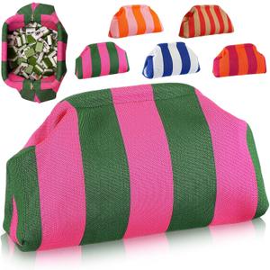 Mahjong Tile Bag Woven Clutch Purses for Women Woven Striped Dumpling Bag Summer Beach Evening Handbag for Mahjong Tile Vacation Supplies(Pink and Green,Thick Lines)