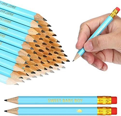 Nezyo 50 Pieces Baby Shower Half Pencils 4 Inch Mini Presharpened Golf Pencils with Erasers for Office Party Game Supplies(Sweet Baby Boy)