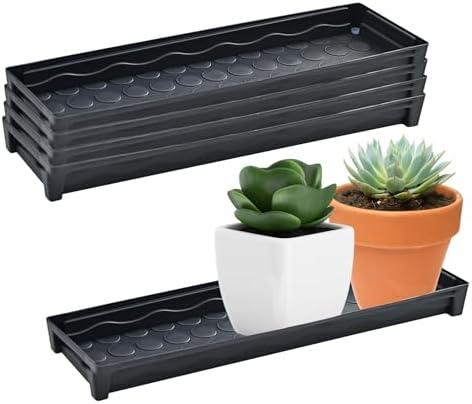 JoyHuaTrade 5 PCS Plastic Plant Tray Saucer Rectangular, Windowsill Plant Drainage Stand for Indoors Outdoor, Black Water Drip Tray for Flower Pot Planter, 16 x 4.5 x 1.6 Inch