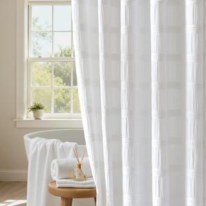 Extra Long White Shower Curtain Farmhouse, 72 x 78 Cotton Blend Waffle Tufted Striped Chic Textured Fabric Shower Curtain for Bathroom, Hotel, Washable