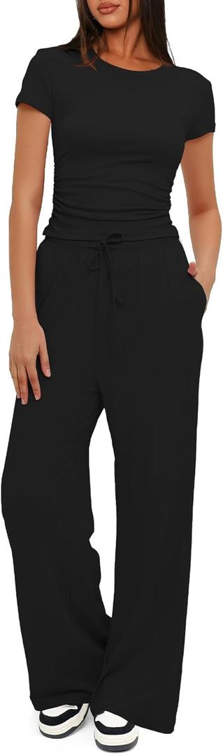 Darong Women's 2 Piece Outfits Lounge Sets Ruched Short Sleeve Tops High Waisted Wide Leg Pants Tracksuit Sets (Small, Black29" Inseam)