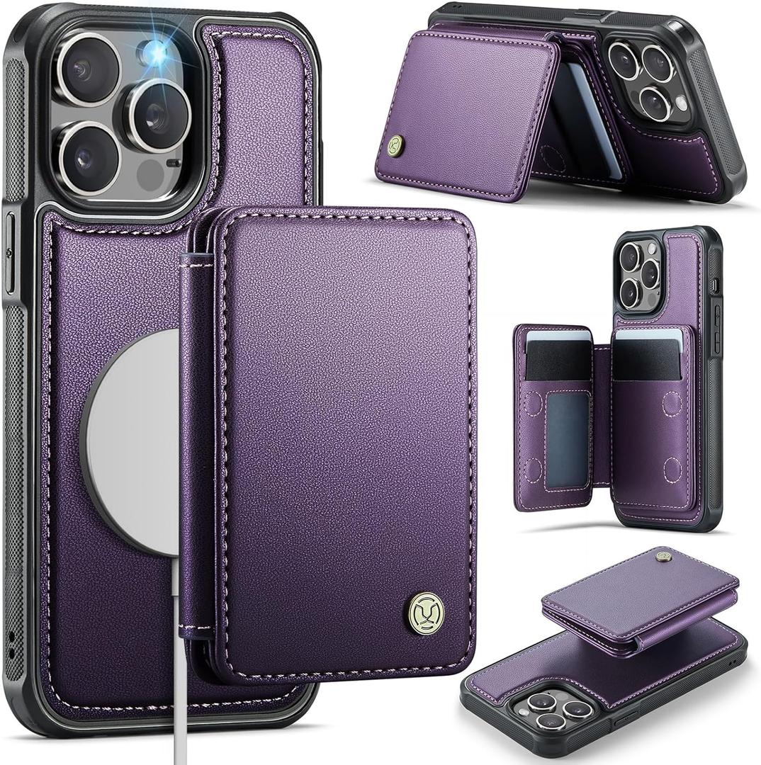 Compatible with Magsafe for iPhone 14 Pro Wallet Case Magnetic Card Holder, RFID Blocking 2 in 1 Detachable Kickstand Shockproof Case for Women Men, Purple