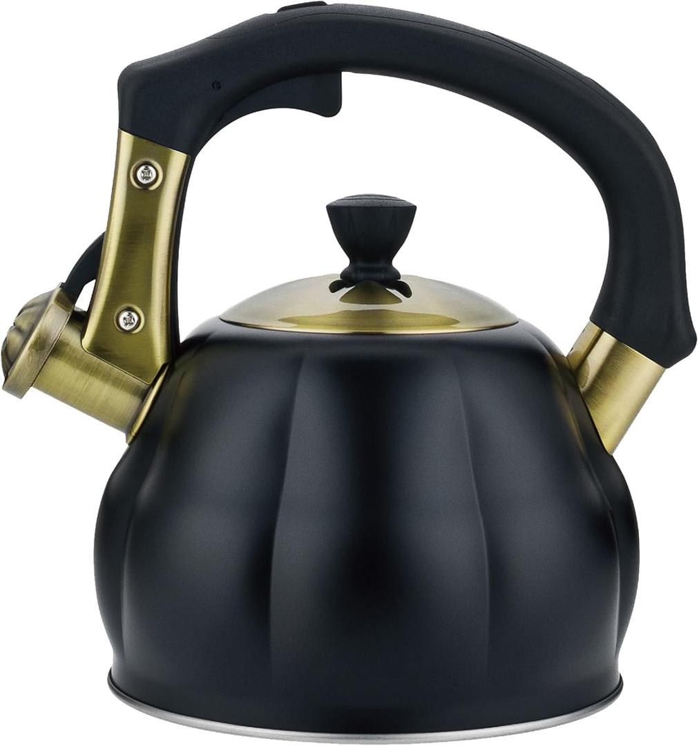 Stainless Steel Tea Kettle for Stove Top Teakettles Stovetop Whistling with Heat Proof Ergonomic Handle 2.5 Quart (Black)