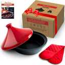 Uno Casa Tagine Pot - 3.65-Quart Moroccan Tajine with Enameled Cast Iron Base and Ceramic Cone-Shaped Lid, High-Quality Cookware- Red Double Oven Mitts Included