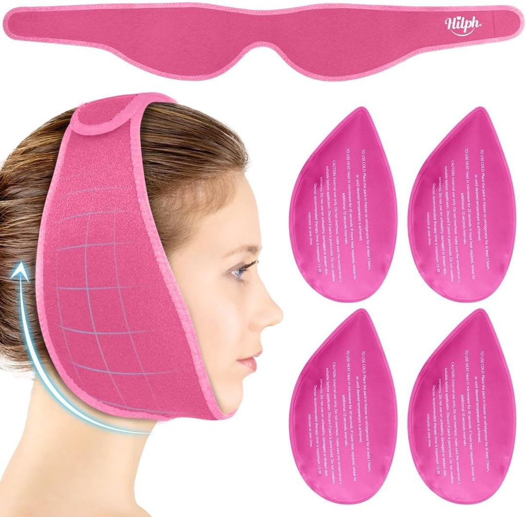 Hilph Wisdom Teeth Ice Pack Head Wrap  Face Ice Pack for Jaw Oral Surgery & TMJ Relief, Upgraded Large Jaw Ice Wrap with 4 Hot Cold Gel Packs for Dental Surgery, Tonsillectomy, Tooth Extraction, Pink (Red)