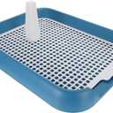 Dog Potty Tray with Wall Post: Indoor Puppy Training Toilet Blue Plastic Mesh Grate, Pee Pad Holder for Male Dogs, Keeps Paws Dry, Portable Pet Litter Box for Apartment