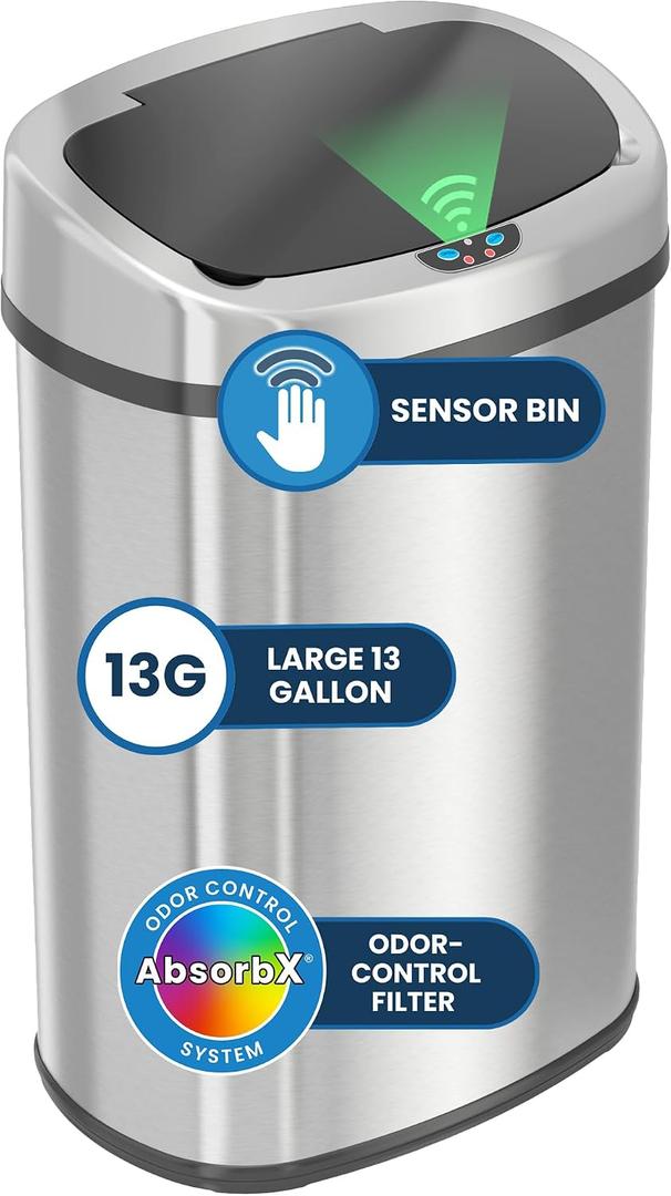 iTouchless 13 Gallon Oval Sensor Trash Can with Odor Filter, Fingerprint-Proof Stainless Steel, 50 Liter Automatic Kitchen Garbage Bin, Smart Hands-Free Motion Lid, Quiet Soft-Close, Brushed Silver