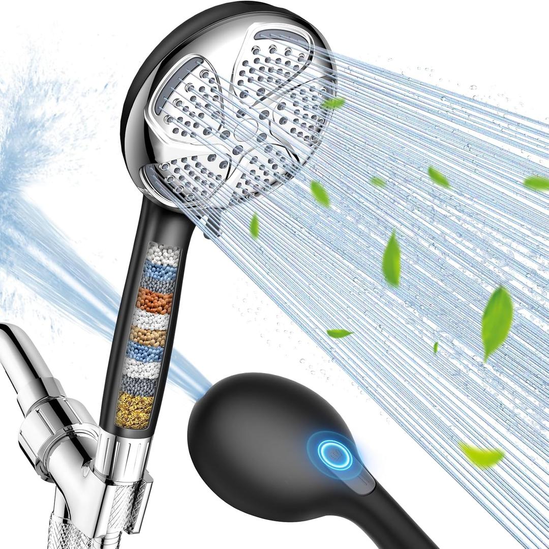 FEELSO Filtered Shower Head with Handheld, High Pressure 7-Spray Showerhead with Filters for Hard Water - Remove Chlorine, Reduce Dry Itchy Skin, Anti-clog Nozzles, Power Wash to Clean Tub, Tile & Pet (Black & Chrome)