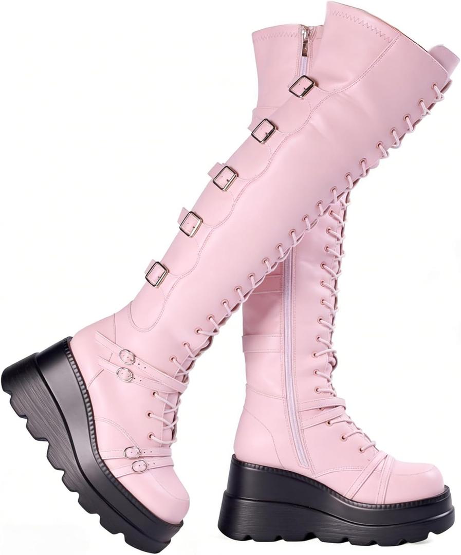 Gothniero Black Platform Boots Over Knee Thigh High Goth Boots for Women Chunky Heel Rave Motorcycle Boots with Buckles Side Zip Lace Boots 10, Light Pink