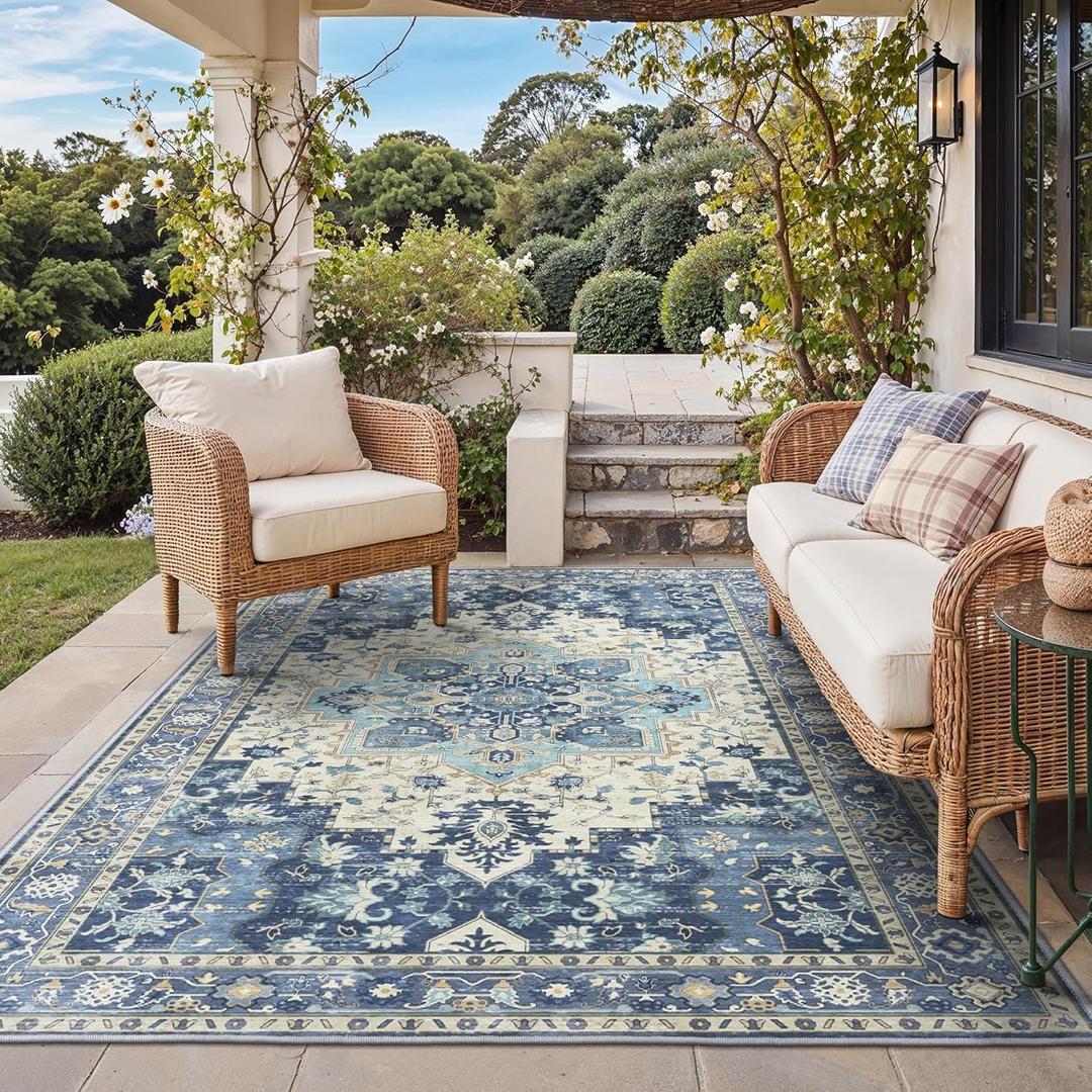 GENIMO Outdoor & Indoor Area Rug 4'x6', Waterproof, Non-Shedding, Easy Cleaning, Boho Mat for Patio, Living Room, Balcony, Dining Room, RV, Deck, Bedroom, Camping, Outside Carpet,Center Blue