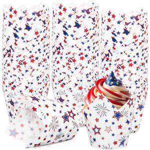 AnyDesign 200Pcs Patriotic July 4th Tulip Cupcake Liners Muffin Baking Cups Red Blue White Stars Fireworks Cupcake Wrappers for 250th Anniversary Independence Day Party Supplies Table Decor