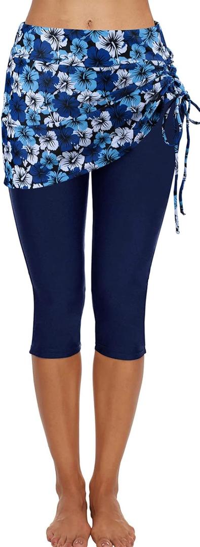 ECUPPER Womens Swim Shorts Capris Swimming Leggings Boardshorts Stretch High Waist Swimsuit Pants for Beach Surf (12-14, Blue Flower)