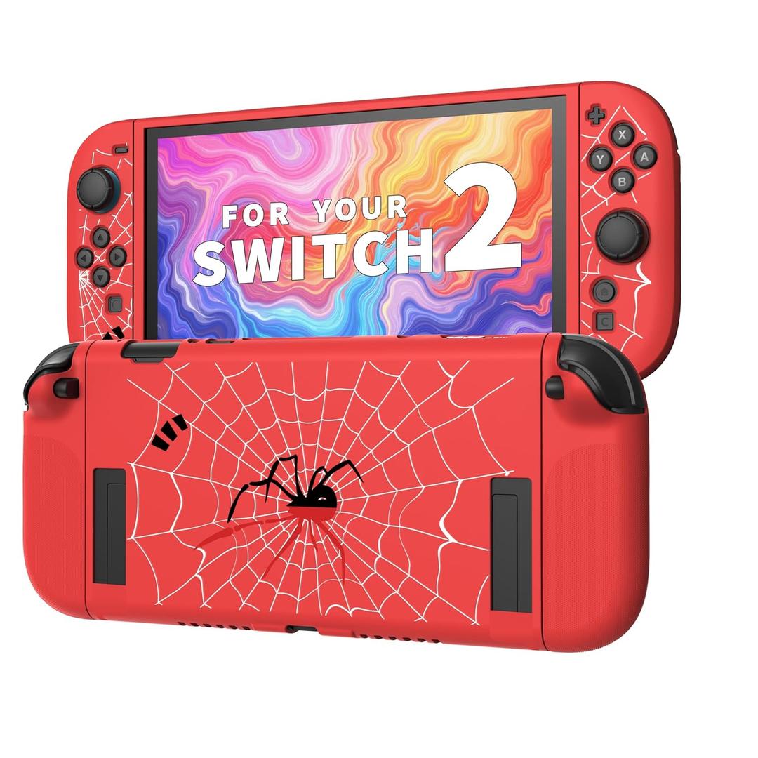 JEMDO Textured Grip Protective Case Compatible with Nintendo Switch 2 (2025) Only  Spider Web Design, Red Matte Shockproof TPU Shell with Anti-Slip Handles, Ergonomic & Comfort Slim Back Cover
