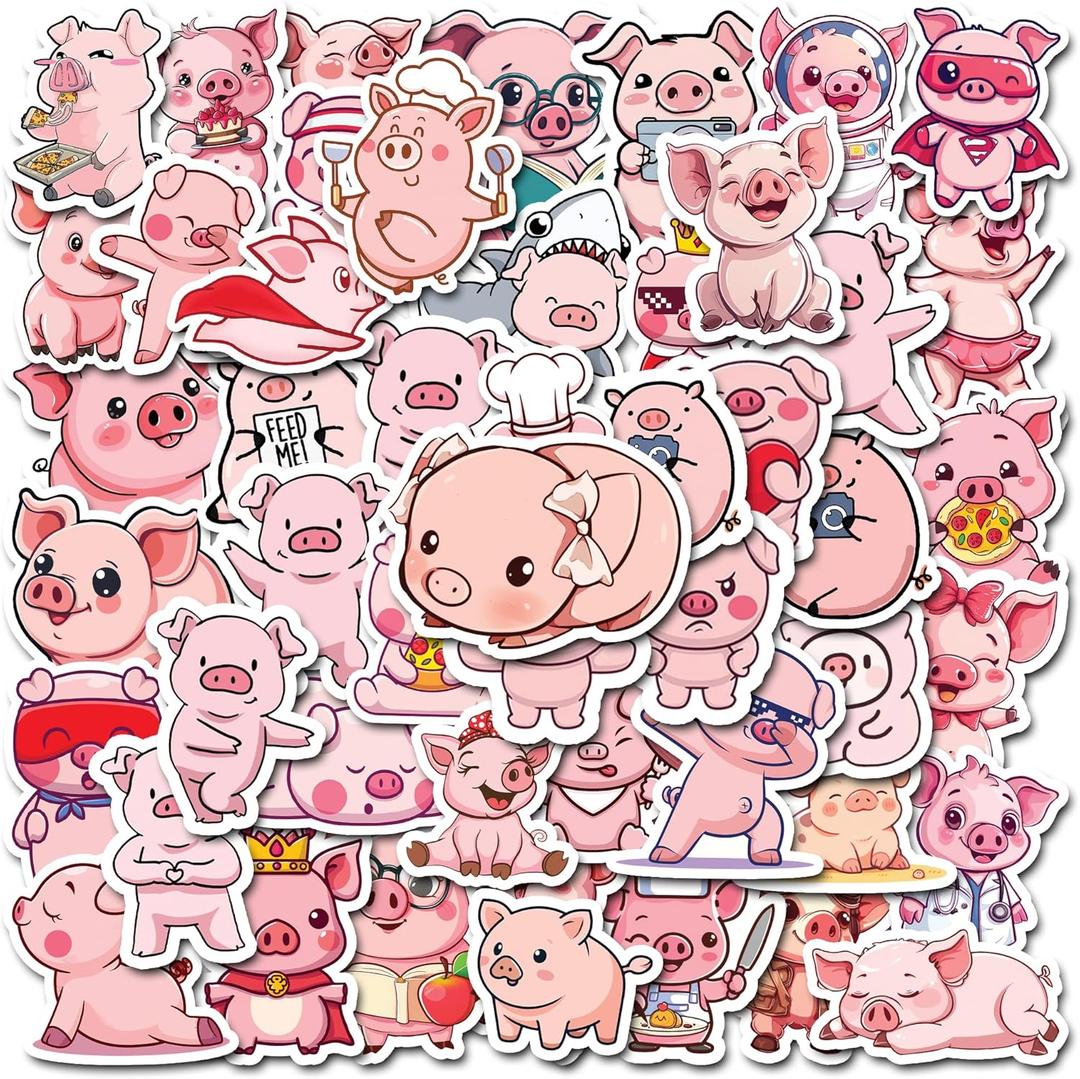 5 x Pig Stickers Tuqiso 50 Pieces Kawaii Cartoon Pink Piggy Sticker for Kids Waterproof Vinyl Cute Animal Stickers for Water Bottles, Laptop, DIY Decoration,Scrapbook, Skateboard, Phone Case