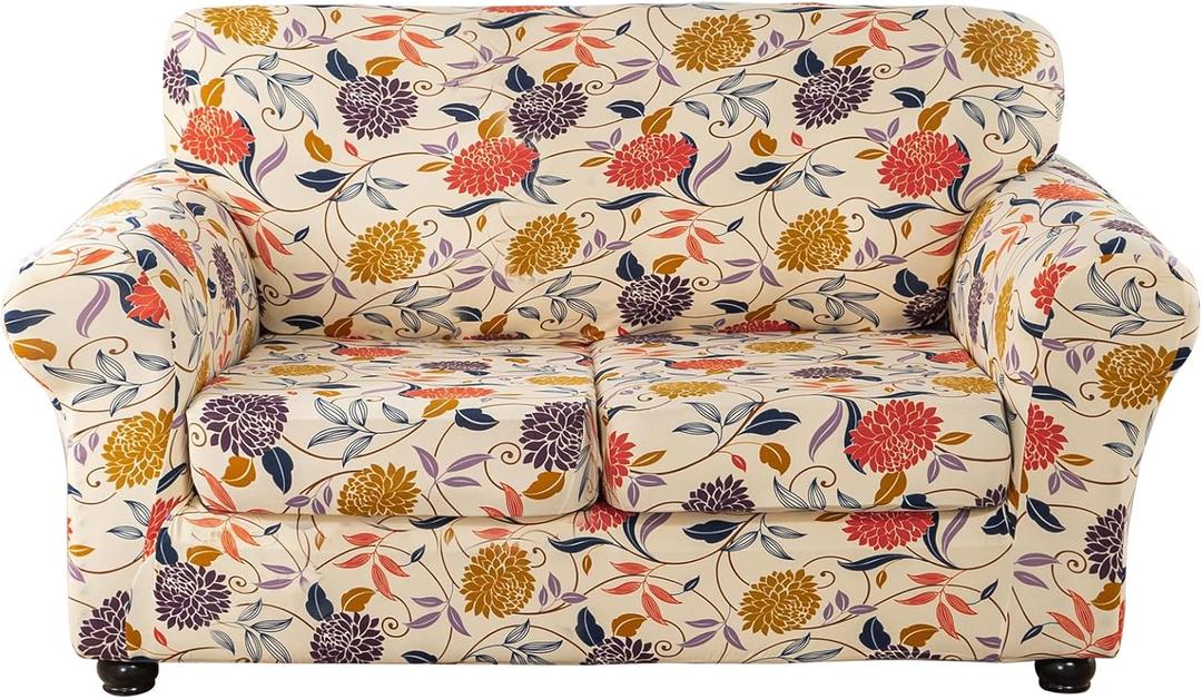 Lamberia Printed Sofa Cover for 2 Cushion Couch High Stretch Sofa Slipcovers 3 Piece Loveseat Slipcover with Two Separate Cushion Covers Elastic Bottom Floral Pattern (Vine Flower, Loveseat)
