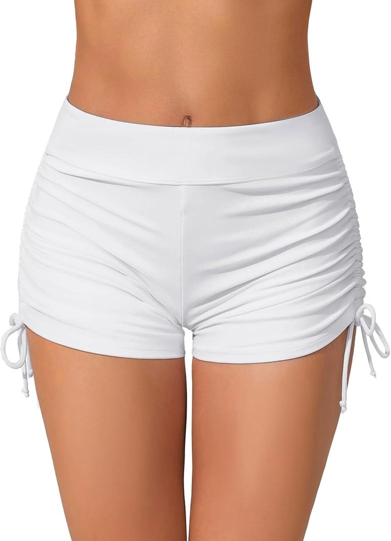 Women's Swim Shorts High Waisted Bathing Suit Bottoms Swimsuit Boy Shorts Swimwear Bikini Board Shorts (White)