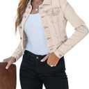 luvamia 2025 Cropped Jean Jackets for Women Fashion Short Denim Shacket Jacket Lightweight Fitted Stretchy with Pockets, Light beige (Medium)