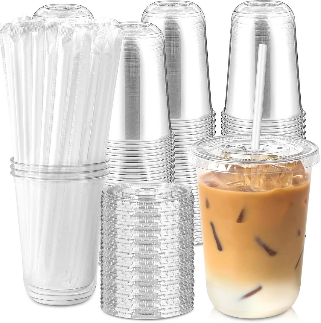 [100 Sets - 16oz Round Bottom Clear Plastic Cups with Lids and Straws, Disposable Iced Coffee Cups with Lids To Go Cold Drink Cups for Smoothies, Juices, Party Catering