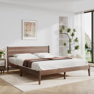 Queen Size Bed Frame, Malaysian Oak Bed Frame with Ladder Headboard, Solid Wood Bed Frames with Elevated Bed Legs, No Box Spring Needed, Noise-Free, Queen Size, Antique Espresso