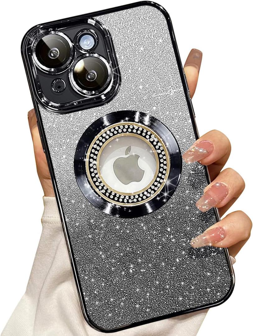 Misscase for iPhone 14 Magnetic Glitter Case Compatible with MagSafe,Full Protection Slim Shockproof Anti-Scratch Case with Camera Lens Protector Logo View Dust-Proof Net for Women Black