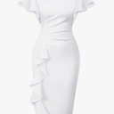 Memoriesea Women's Vintage Church Ruffle Sleeve Ruched Bodycon Work Midi Pencil Dress, Size L