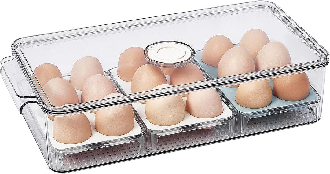 FreshKeeper Stackable Egg Holder for Fridge with Time Scale on Lid, Plastic Egg Organizer, Egg Container for Refrigerator 18 Slots (1PACK)