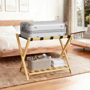 26.77"L Luggage Rack, Natural Luggage Rack for Guest Room, Bamboo Folding Suitcase Stand with Storage Shelf, 5 Nylon Straps, Heavy Duty Luggage Holder for Bedroom Hotel, 1 Pack, Gift Box Packaging