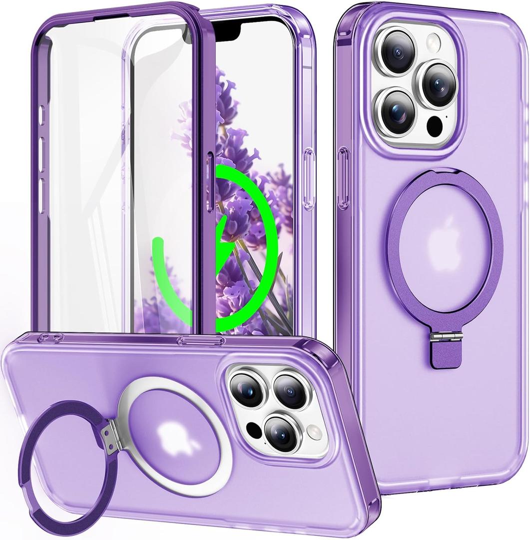 Turquiase for iPhone 13 Pro Max Full Body Shockproof Case with Magnetic Invisible Stand [Compatible with MagSafe] Built-in Screen Protector Military Drop ProtectionTranslucent Phone Cover -Purple
