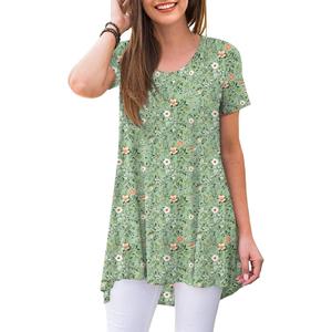 POPYOUNG Women's Summer Long Tunic Top To Wear With Leggings Short Sleeve Shirt Loose Fit Dressy (Medium, Flower Bird Green)